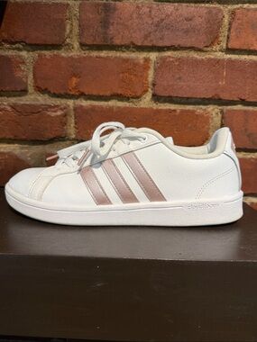 adidas White Sneakers with Rose Metallic Stripes
